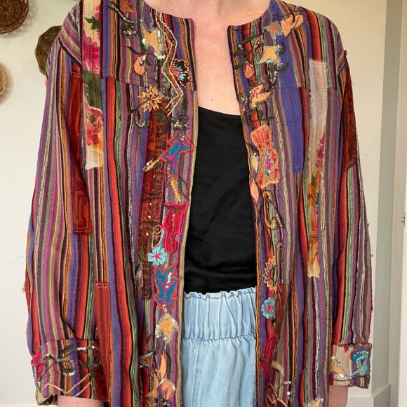 Chicos •M/L• Silk Embroidered Sequin Open Front Art to Wear Lightweight Jacket